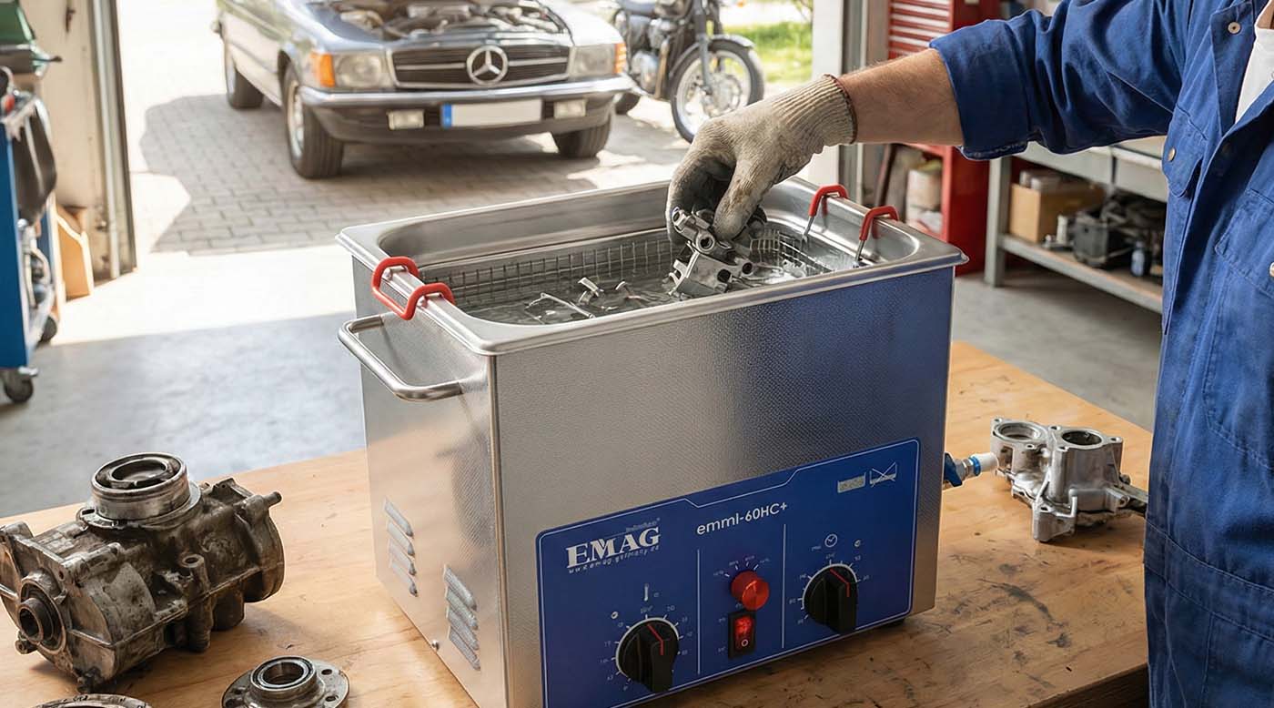 • Mechaniker reinigt Werkstattteile Nahaufnahme