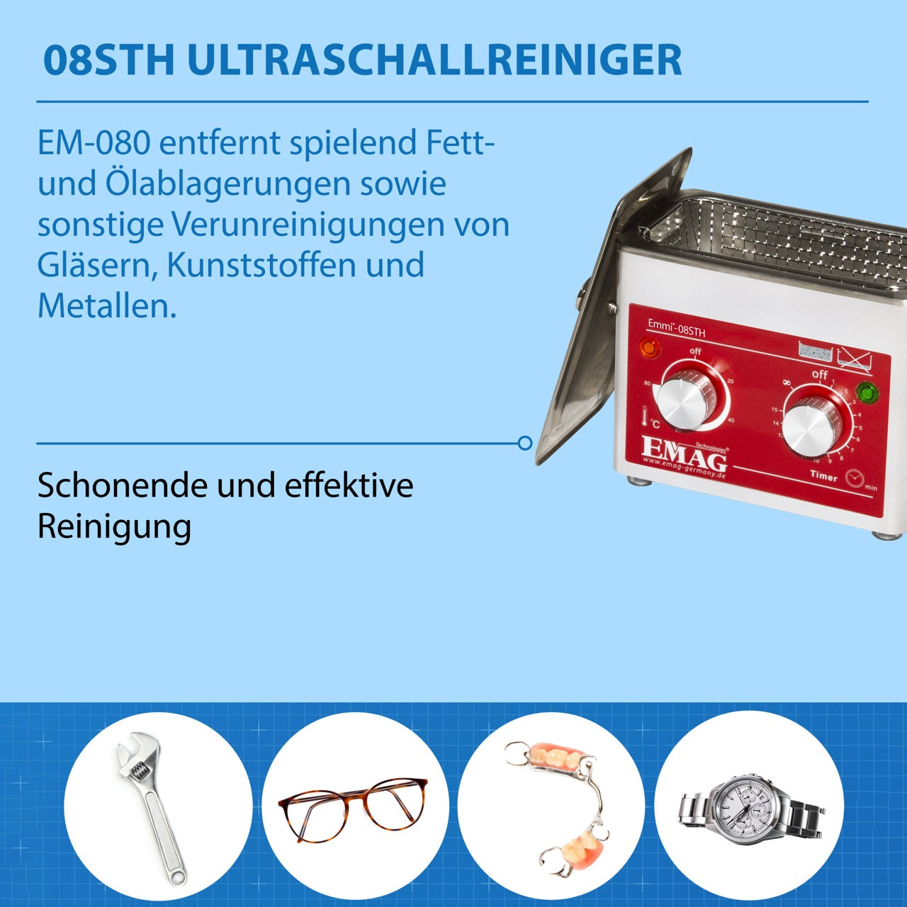 Emmi-08 STH Ultraschallreiniger aus Edelstahl mit Heizung